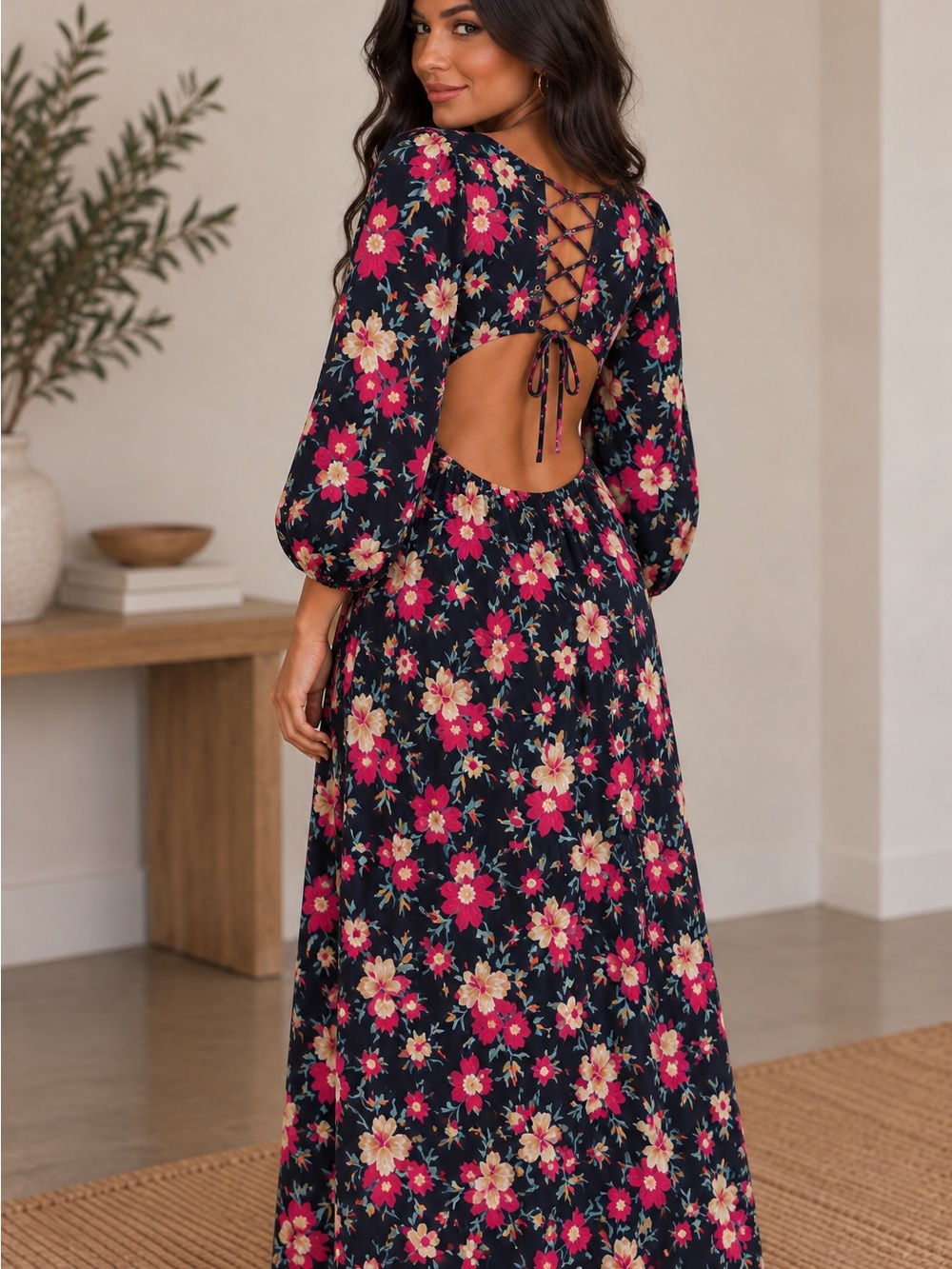 Backless Floral Maxi Dress with Lace-Up Detail - Pink on Navy